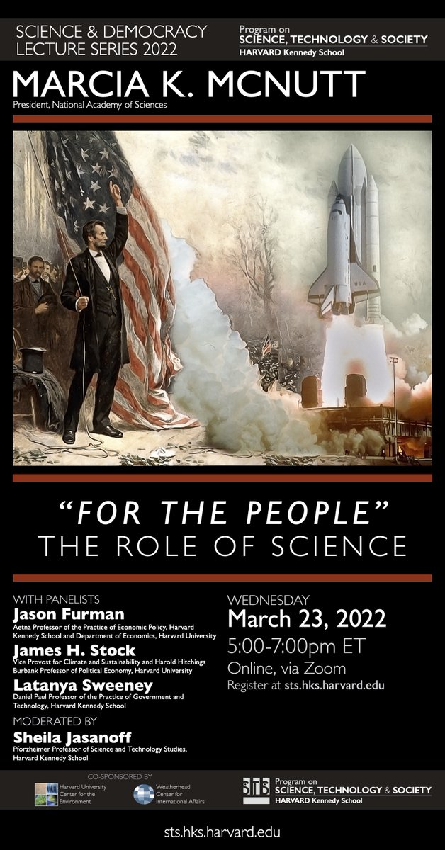 Come join us for the next Science and Democracy Lecture 
with 
Marcia K. McNutt (President, National Academy of Sciences)

on 

"For the People"
The Role of Science

March 23rd
Virtual 

Register here mailchi.mp/hks.harvard.ed…