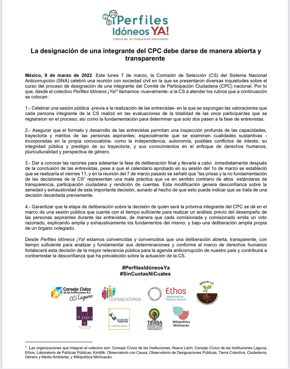 #DesignacionesCPC | 📢 Desde el colectivo #PerfilesIdóneosYa llamamos a la <a href="/ComSNA21_24/">Comision de Seleccion 2021-2024</a> a que responda los cuestionamientos de sociedad civil con el fin de asegurar una designación abierta, exhaustiva y transparente de una integrante del <a href="/ComiteCPC/">CPC</a> del #SNA.

#SinCuotasNiCuates