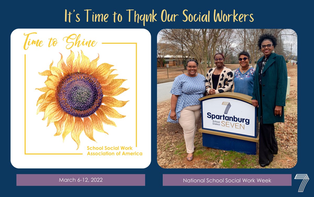 SpartanburgD7's tweet photo. National School Social Worker Week is celebrated to focus attention on their unique contribution. The theme is “Time to Shine," and in D7 our team shines brightly for their students, families, and school communities. Shining hope. Shining understanding. Shining respect.
#ONED7 https://t.co/2qGcZZ2rUO