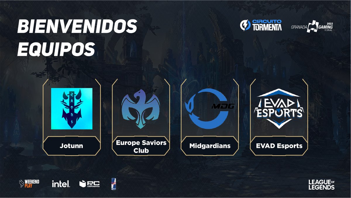 granadagaming's tweet photo. ¡Os presentamos a los primeros equipos que tendremos en el clasificatorio de nuestro torneo de @lol_es  @SomosLaTormenta este fin de semana! 😎

➡️@JOTUNNesports
➡️@EuropeSaviorsCB
➡️@MidgardiansTeam
➡️@EsportsEVAD

#CircuitoTormenta #GranadaGaming2022 https://t.co/hZlYlV2WjA