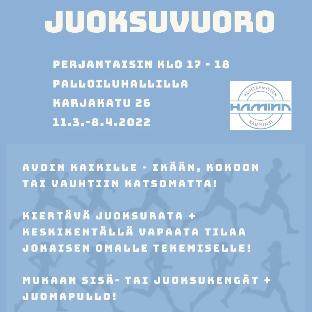 Perjantaisin juoksentelemaan Palloiluhallille - tai vaikka ihan kävelemään - liukastelematta 🏃🚶

#kaikkiliikkeelle
#jokainenomaavauhtiaan

#liikkuvahamina
@Haminankaupunki