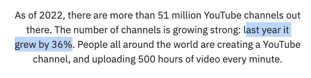 codywanner's tweet photo. last year, @YouTubeCreators grew by 13,500,000 channels

that's 36,986 channels created every day... 

figure out how to make videos that solve problems for new youtubers, and you are SET 

source: https://t.co/GH4nqwcZoo https://t.co/UF4IHg1F7v