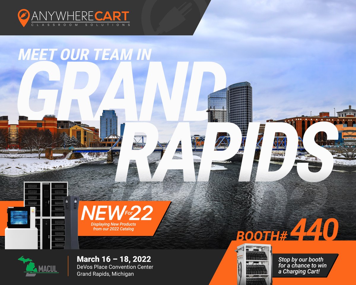 AnywhereCart's tweet photo. Join us at the Grand Rapids @MACUL convention, March 16th - 18th. Don't miss your chance to win a Charging Cart! See you at booth #440 We look forward to meeting you! #Macul https://t.co/hZW4o5GaQn