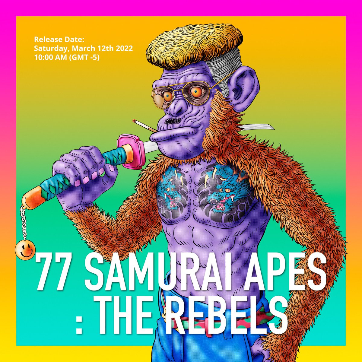 (1) 77 SAMURAI APES : THE REBELS
Hundreds of Ape years passed. Samurai Apes has evolved into the modern age. Through every rise and fall of Ethereum, their fearless DNA remains strong. But time has transformed Samurai Apes to become independent, rebellious, &amp; eccentric creatures.