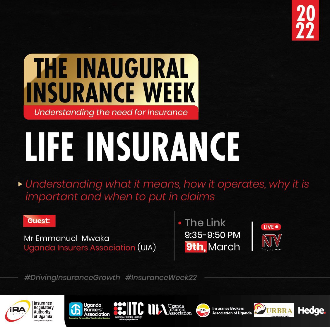 amunrated's tweet image. “Life Insurance is a financial protection; If you have a vision &amp;amp; there’s a risk that you might not meet it, that risk could be coming out of critical illness and death” - Emmanuel Mwaka, @The_UIA @ntvuganda @IraUganda @HedgeMarketing @InsurBrokersUg @ugbankers #InsuranceWeek22