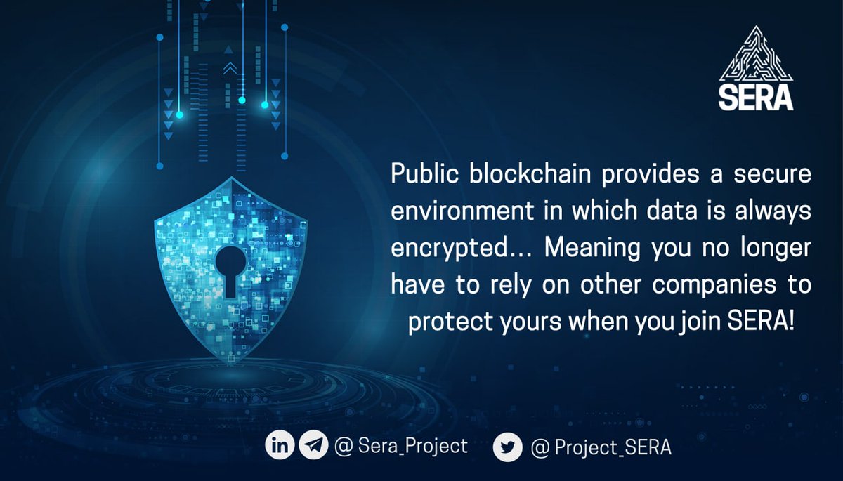 Project_SERA's tweet photo. Public #blockchain provides a secure🔐 environment in which data is always encrypted… Meaning you no longer have to rely on other companies to protect yours when you join $SERA!😍
.. 
#Cryptocurrencies #cryptocurrency https://t.co/BPgniBSFmQ