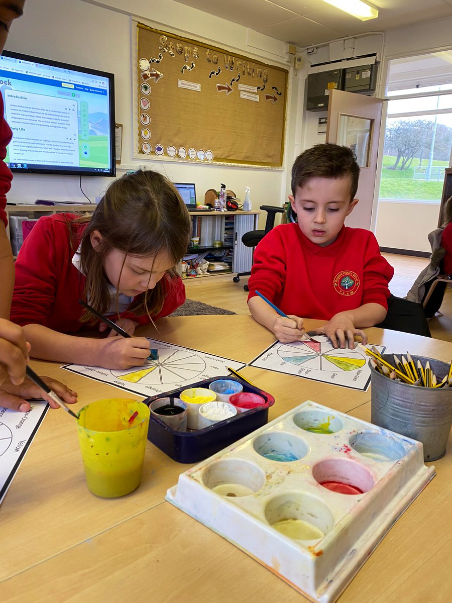 RinglandPrimary's tweet photo. #DosbarthMaple are exploring the artwork and techniques of abstract expressionist Jackson Pollock. 👨‍🎨 Having explored the mood of his creations, we today began exploring mixing colours to demonstrate our moods and feelings. @EAS_ExpressArts @EAS_Equity https://t.co/Xz0hIacpX3