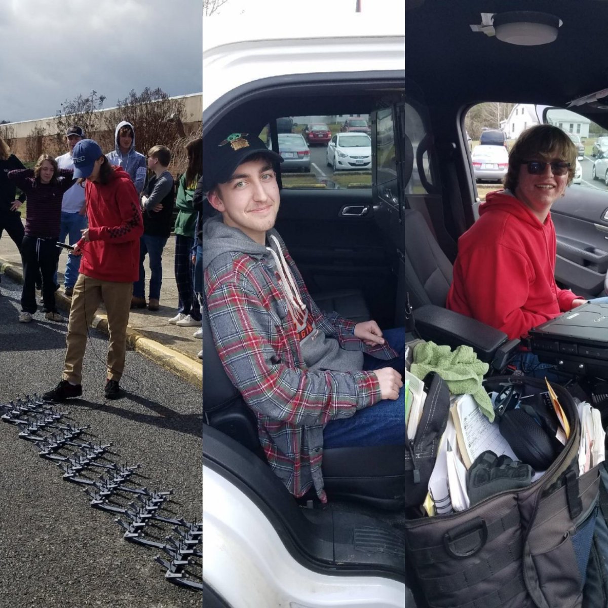 BtecVa's tweet photo. CJ 1 students learning about the equipment in a sheriff's patrol vehicle. Thank you to the Botetourt County Sheriffs Office! #ctebtec #BCSO #criminaljustice #handsonlearning #experience https://t.co/h65yvkiI0E