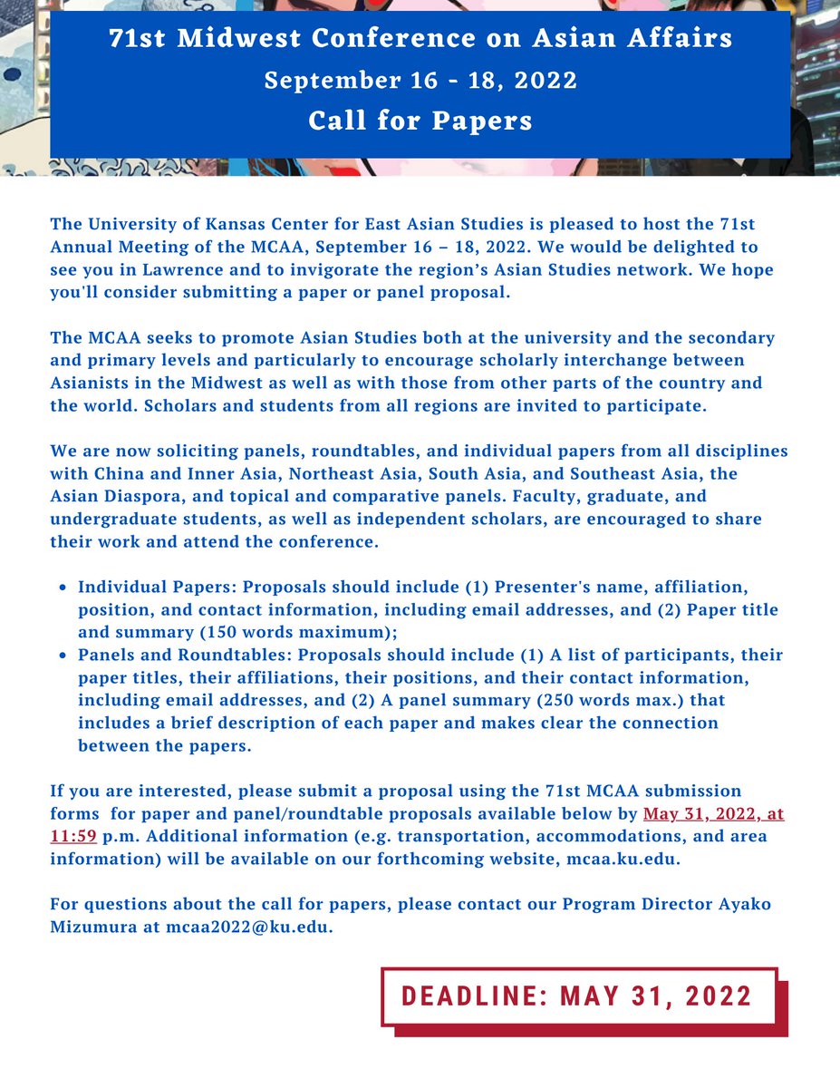 CALL FOR PAPERS!! 
CEAS is hosting the 71st Annual Meeting of the MCAA!
Deadline for papers and panel/roundtable proposals is May 31!
Paper Submission: kusurvey.ca1.qualtrics.com/.../SV_exn6T5c…
Panel/Roundtable Submission: kusurvey.ca1.qualtrics.com/.../SV_4ZrBhLi…