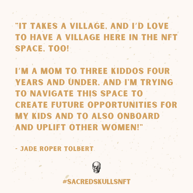 sacred_skulls's tweet photo. Where are our moms at? It truly takes a village to raise a child and we want to embrace and show some love to all the moms out there rockin' it in this NFT space! 🚀👋 https://t.co/YsrGEXKc8c