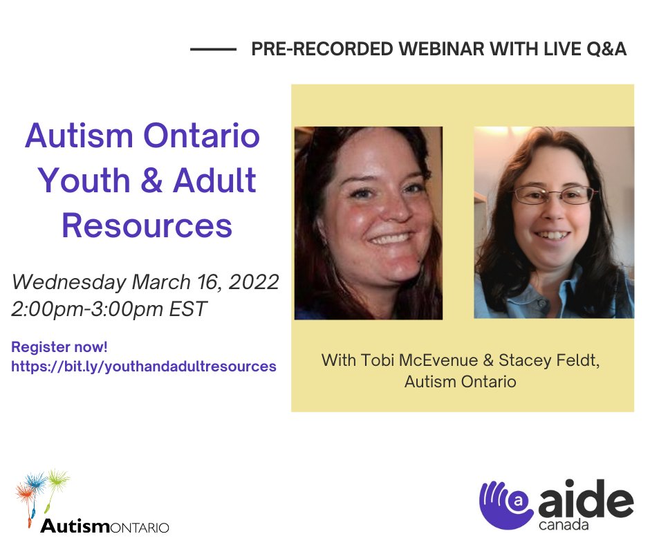 Autistic adults often experience a significant drop in funding and services at the age of 18. Join us with <a href="/aidecanada/">aidecanada</a> to learn about annual education scholarships and awards, youth to adult transition planning as well as Autism Career Connections: ow.ly/OyIg50I5iwu