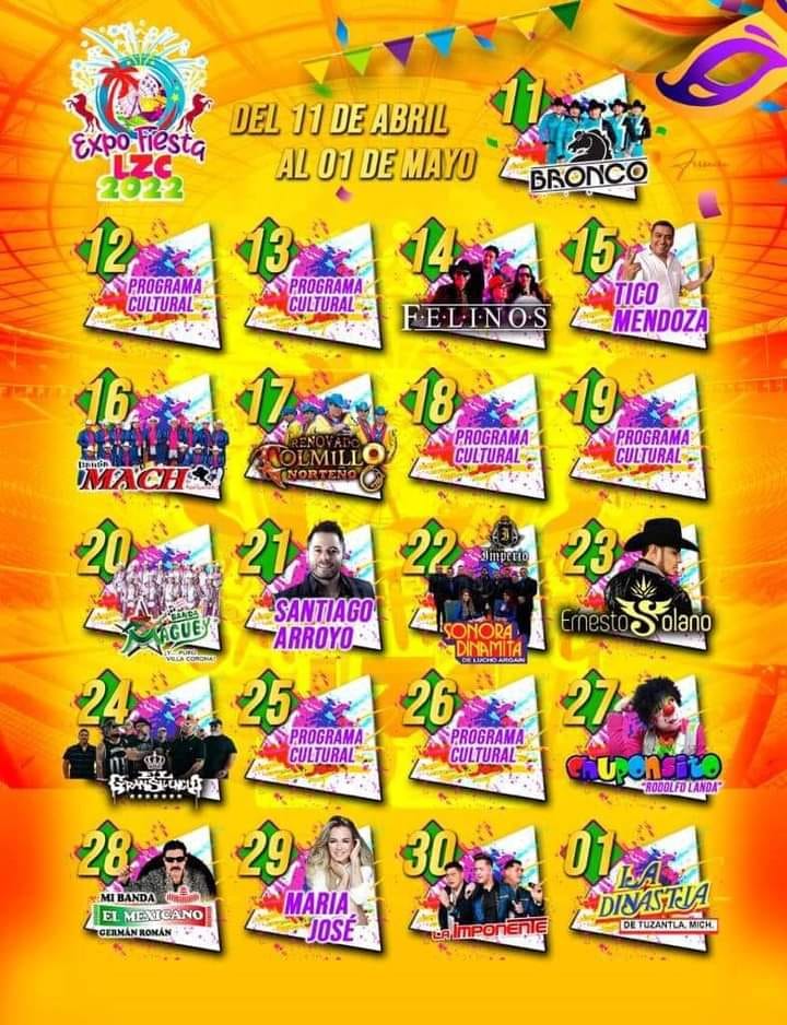 🎡🎶🎉Sensacional elenco para la Expo Fiesta LZC 2022 en Lázaro Cárdenas, Michoacán:

🟠 <a href="/Grupo_Bronco/">Bronco Oficial</a> 
🟡 <a href="/lajosa/">Maria Jose Loyola</a> 
🟠 <a href="/laimponentee/">La Imponente</a> 
🟡 #LaDinastíaDeTuzantla
🟠 <a href="/BandaMach/">BandaMach</a> 
🟡 #ElGranSilencio
🟠 #BandaMaguey
🟡 #MiBandaElMexicano
¡Y más!

dondehayferia.com/expo-fiesta-lz…