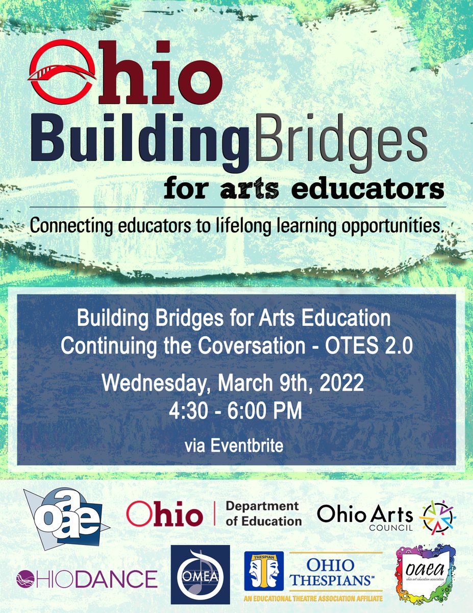 OhioAlliance's tweet photo. THIS AFTERNOON! — Join Ohio’s Arts Education Leaders today from 4:30 to 6:00 PM for continued conversations regarding OTES 2.0, and High-Quality Student Data. LINK HERE: https://t.co/Bk7OgO1q70

#ohioallianceforartseducation #ohioeducation #artseducation #professionaldevelopment https://t.co/O3PUXpQxeW