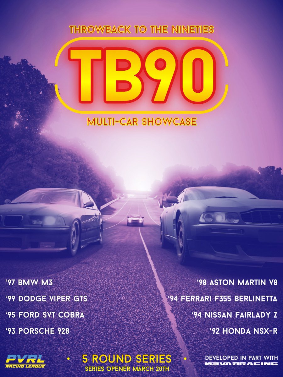 PVRL_Official's tweet photo. 🟣NEW SERIES ANNOUNCEMENT 🟣

#PVRL Racing is back with our first ever escapade into Multi-car Motorsport!

Join us as we race some of the 90’s greatest hits! The #TB90 Multi-Car Showcase has a car to match any driving style and technique!

https://t.co/pEFiiyENaA https://t.co/W7hHNIGFLG