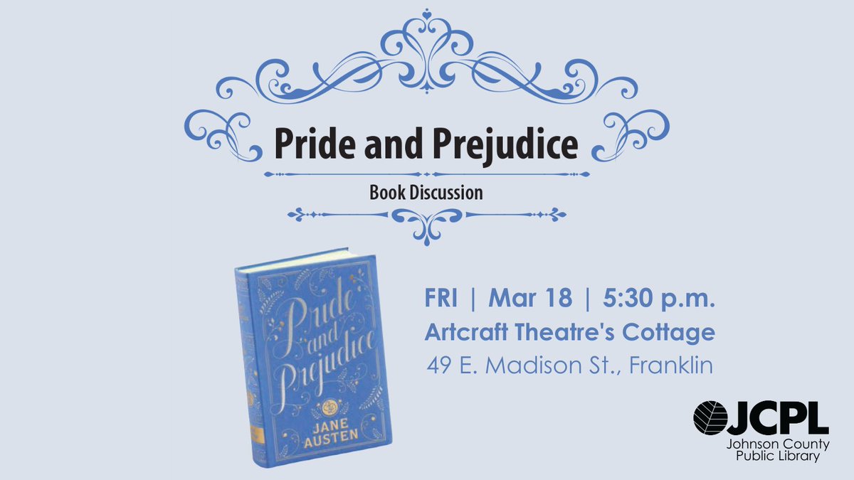 JCPLIN's tweet photo. Jane Austen fans are invited to a Pride & Prejudice night at the @artcrafttheatre. Discuss Jane Austen's famous novel with JCPL Director Lisa Lintner in the Artcraft's Cottage at 5:30 p.m., and then watch the 2005 film at 7:30 p.m.
Register: https://t.co/M0N10PHPPp
#JCPLIN https://t.co/Bjc1hAFIsN
