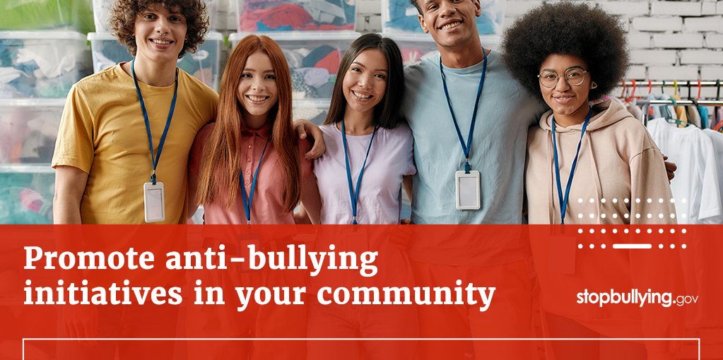 This #SpringBreak, help raise awareness about #Bullying by developing a bullying prevention project in your #Community. 

When #YouthLeaders work together, we can help #StopBullying! 

stopbullying.gov/resources/teens 

#NotAlone #StandUp #CommunityEffort #Teamwork #SprinkBreak2022