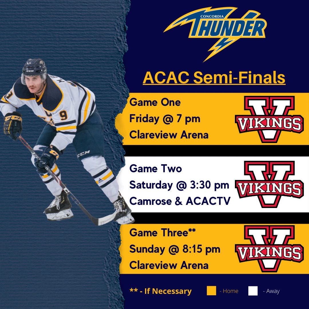 HKY: Playoff hockey returns to Clareview arena as the #Thunder welcome the <a href="/UAAmensHockey/">U of A Augustana Vikings Hockey.</a> in <a href="/acac_sport/">ACAC</a> semi-final action! 

Come cheer on the hockey team in their pursuit of a conference title!!

#GoThunder #FearTheBOOM