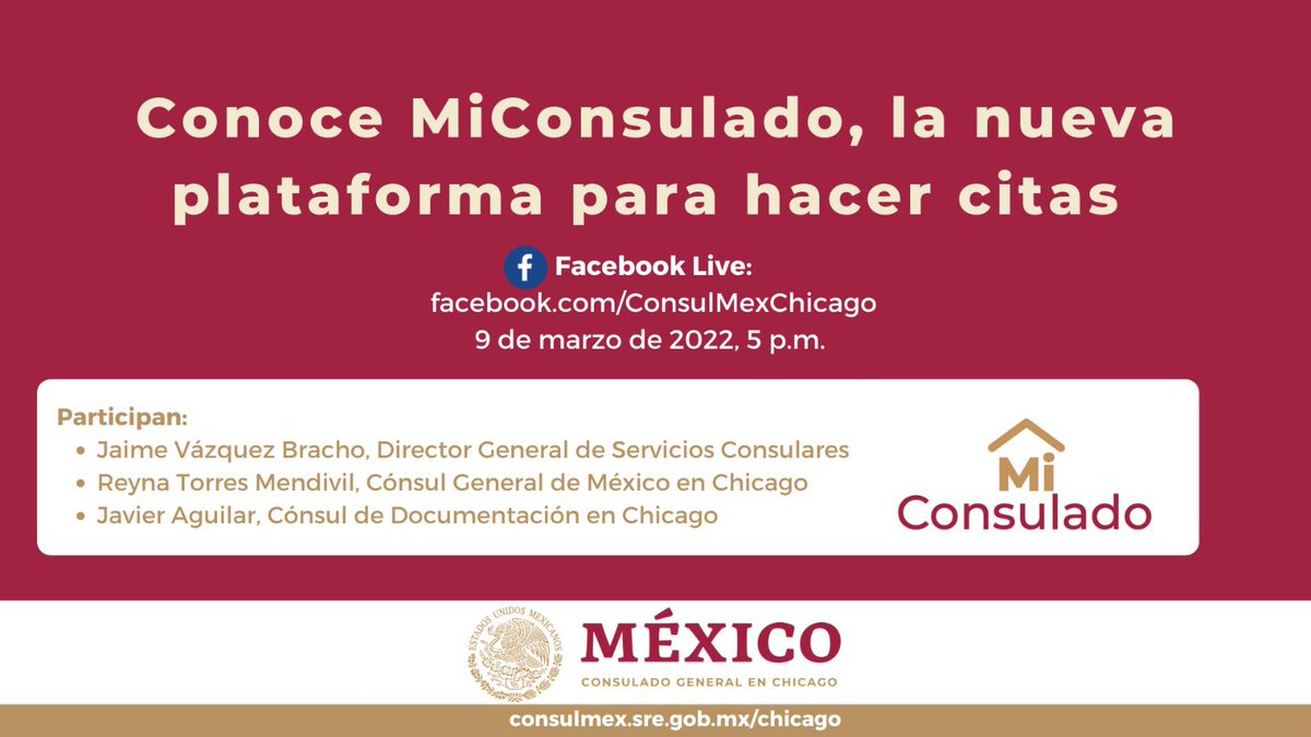 ConsulMexCho's tweet photo. ¿Ya conoce el nuevo servicio de citas MiConsulado? 🇲🇽 No se pierda nuestra transmisión hoy, en la que @jaime_vbt presentará esta plataforma y la cónsul @ReTorrMe junto con @_javieraguilar resolverán dudas sobre los trámites que ofrecemos en @ConsulMexCho: https://t.co/F3Uhb8zGdl https://t.co/IYpSTCEySB