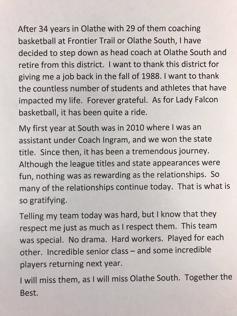 CoachAllen1965's tweet photo. Thank you Olathe South Lady Falcons. What a group - past and present. Although I will no longer be your head coach, I will always care for you. This team had class, character, grit, and determination. Thanks for making me a better person. Together the Best! https://t.co/eX8Hu0vBej