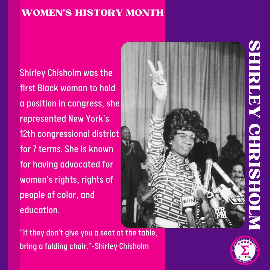 chicagogammas's tweet image. 💗Women’s Wednesday 💗
This month is about highlighting contributions of women to our society, both past and present. 
Today we are highlighting Shirley Chrisholm and her impact on our society.
#hermanasporvida #sigmalambdagamma #sigmachapter #sisterhood #womenshistorymonth