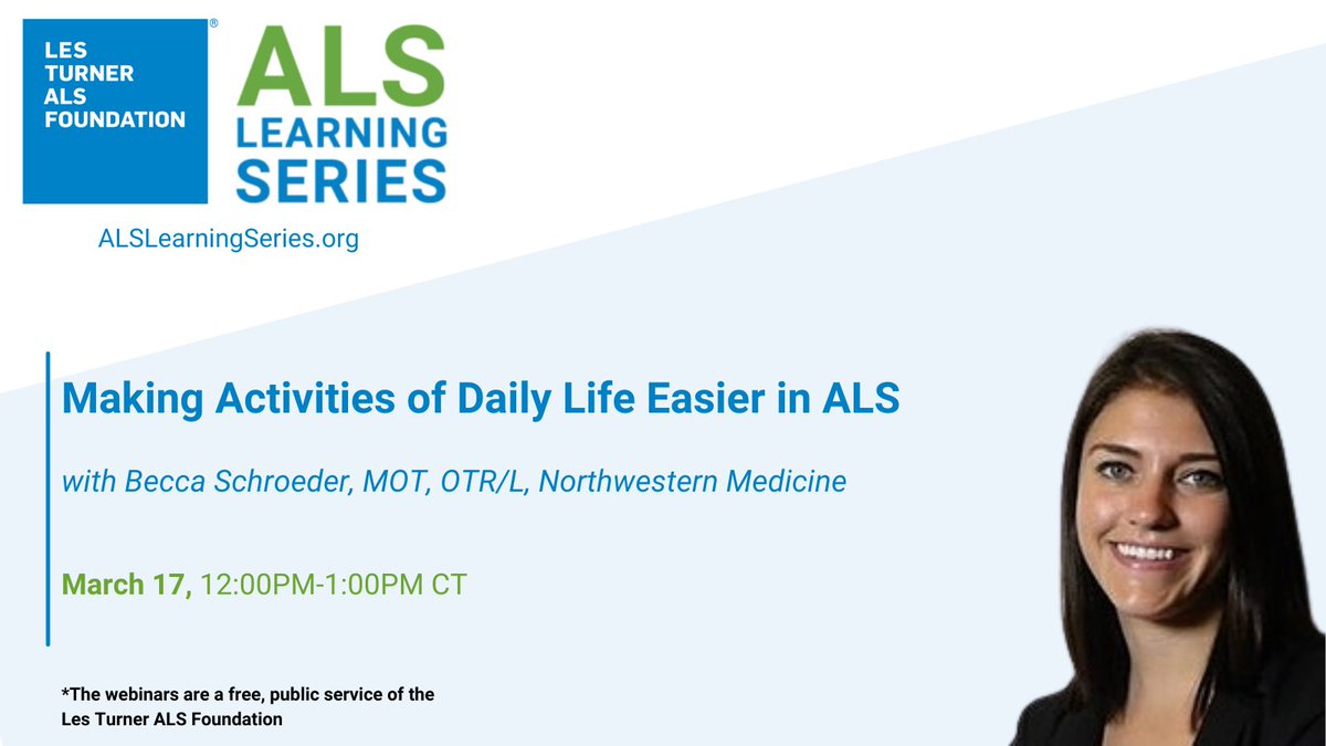 LesTurnerALS's tweet photo. Join us Thursday, 3/17 from 12–1pm CT, for this month's ALS Learning Series webinar 𝗠𝗮𝗸𝗶𝗻𝗴 𝗔𝗰𝘁𝗶𝘃𝗶𝘁𝗶𝗲𝘀 𝗼𝗳 𝗗𝗮𝗶𝗹𝘆 𝗟𝗶𝗳𝗲 𝗘𝗮𝘀𝗶𝗲𝗿 𝗶𝗻 𝗔𝗟𝗦 with Becca Schroeder, MOT, OTR/L, from @NorthwesternMed.
Register now at https://t.co/ILnuRe8USf
#ALSeducation https://t.co/NzoorRcKrL