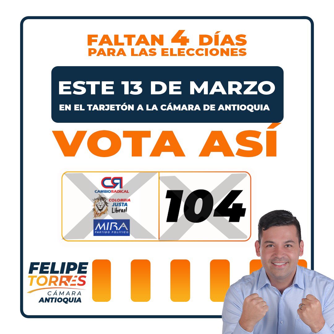 felipetorres104's tweet photo. Vamos con toda por la prosperidad y la libertad de #Antioquia. Trabajemos unidos con amor por las nuevas generaciones. #FelipeTorres #104 #LiderarParaServir https://t.co/wr24hB7QX8