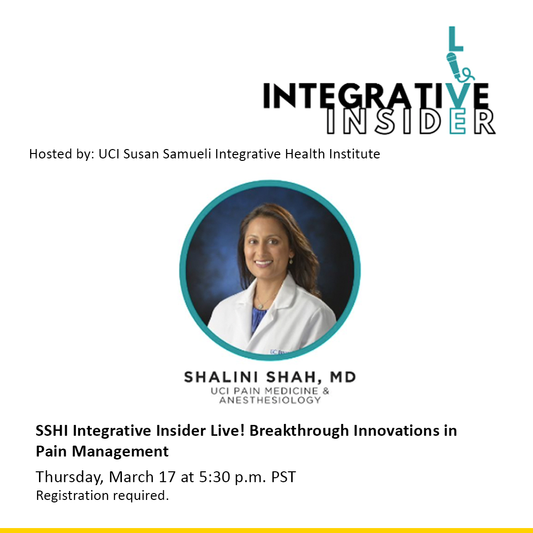 ucianesthesia's tweet image. Join the @SSIHI_OC for their free Integrative Insider Live lecture Thursday, March 17 at 5:30 p.m. PST on "Breakthrough Innovations in Pain Management" with #ucianesthesia, vice chair for pain management, Dr. Shalini Shah.

Register now: bit.ly/3sUs3FS