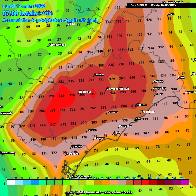 Cumuls de précipitations attendus sur l'ensemble de l'épisode, principalement entre vendredi après-midi et dimanche après-midi (Météociel)