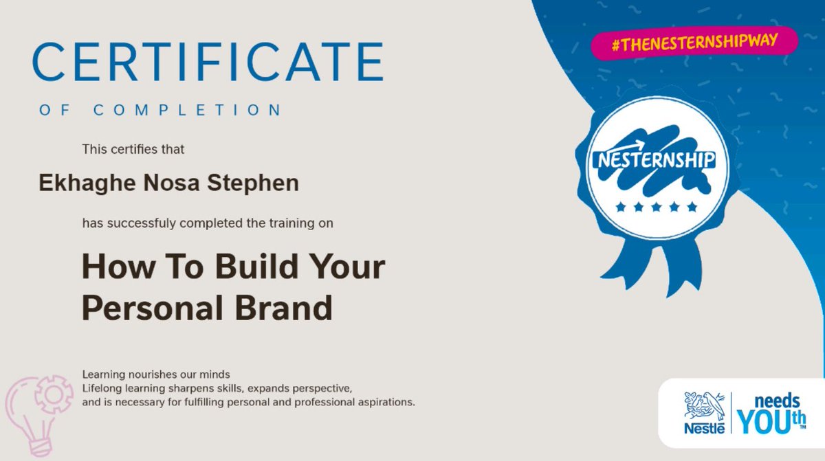 nosa_1's tweet photo. Registered for the #theNesternshipWay by Nestlé after seeing a post on LinkedIn. Attended a video on how to build your personal brand.
Fresh certification from Nestlé
Congratulations are in order.
#thenesternshipway #nestle #internship #foodtechnology https://t.co/9NrwV00uo1