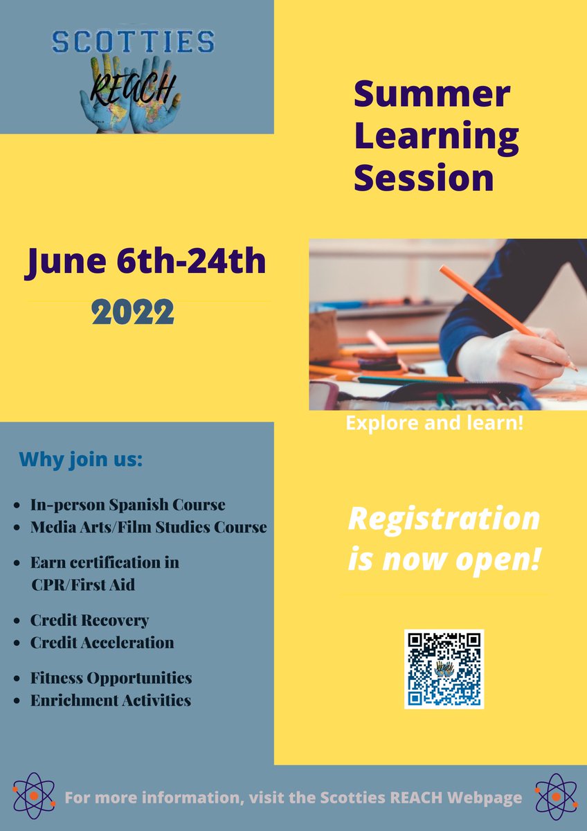 ScottiesREACH's tweet photo. Happy Wednesday Scotties!
#ScottiesREACH invites all rising 9th grade-rising 12th grade students to join us for our Summer Learning Sessions! 
Registration is now open for this credit recovery and credit acceleration opportunity!
https://t.co/nOdY0xdzKL https://t.co/C3gDYWBktl
