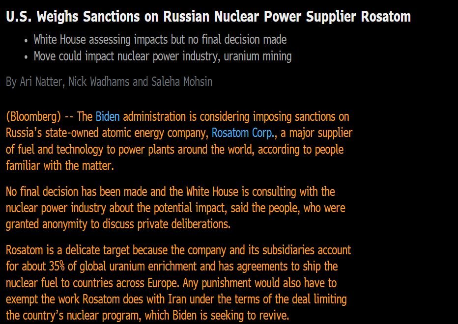 quakes99's tweet photo. Breaking News!📰 Biden administration is now considering imposing sanctions on #Russia's state-owned #Nuclear &amp; #Uranium fuel producer Rosatom which accounts for about 35% of global uranium enrichment! 🇷🇺⛔️⚛️⛏️ U #mining #stocks are rallying!📈 https://t.co/63zPyeNEzH
