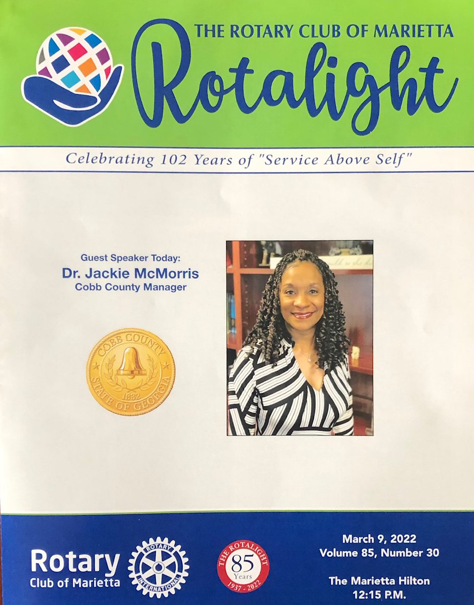 GlobalCIF's tweet photo. Today was my first visit of a @Rotary meeting in over 10 years. I attended the #RotaryMeeting of the RC of Marietta. It was wonderful to meet friends, and hear about the future of the county from Dr. Jackie McMorris, Cobb County Manager. #CobbCounty #Rotarians #Rotary https://t.co/aHTKTaXRjb