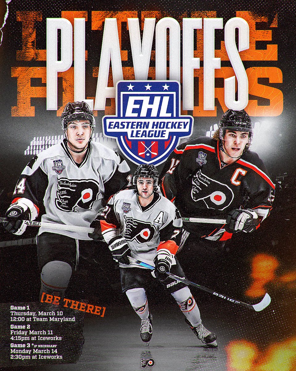 Little Flyers Hockey (@littleflyershky) on Twitter photo The road to the <a href="/EHL_Hockey/">Eastern Hockey League</a> Frozen Finals begins tomorrow with game one on the road <a href="/TeamMarylandEHL/">Team Maryland EHL</a>
We’ll see everyone Friday at 4:15PM at <a href="/IceWorksComplex/">IceWorks</a> for some home playoff hockey!!
#FlyeredUp #VSEverybody 🟠⚫️😤 The road to the <a href="/EHL_Hockey/">Eastern Hockey League</a> Frozen Finals begins tomorrow with game one on the road <a href="/TeamMarylandEHL/">Team Maryland EHL</a>
We’ll see everyone Friday at 4:15PM at <a href="/IceWorksComplex/">IceWorks</a> for some home playoff hockey!!
#FlyeredUp #VSEverybody 🟠⚫️😤