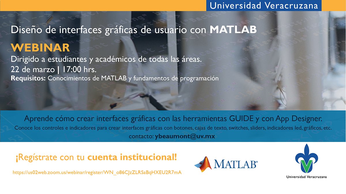 3er webinar gratuito para aprender a usar MATLAB: Diseño de Interfaces gráficas de usuario con MATLAB; que está dirigido a los estudiantes y académicos.