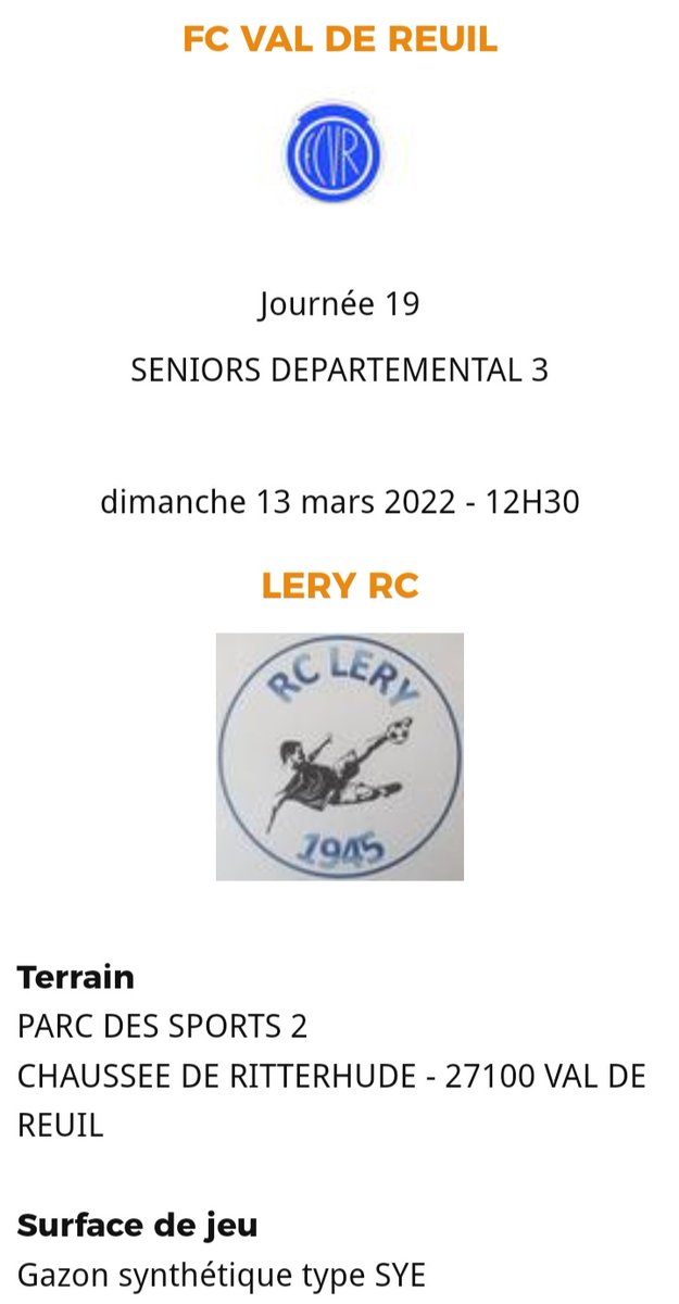 VDRFootballClub's tweet photo. Dimanche nous accueillons le RACING CLUB DE LERY. pour un autre derby face à nos voisins Lérysiens.

Nous avons le plaisir de les recevoir sur notre synthétique. 

une belle rencontre de longue amitié qui va falloir départager durant les 90 min de jeux.

🗣👏
#valdereuil #Lery https://t.co/QwT5tgTKss