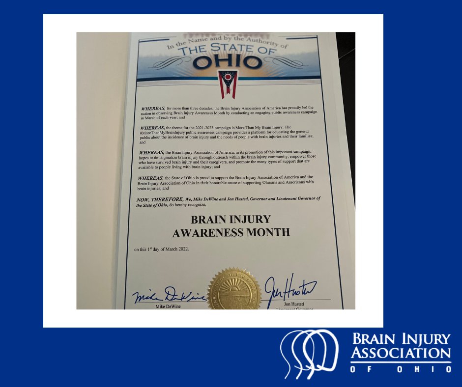 We so appreciate the support from @ohgov  in acknowledging #braininjuryawareness month. Thank you to @GovMikeDeWine  and @LtGovHusted  for this state proclamation declaring March, Brain Injury Awareness Month. 
#biaoh #morethanmybraininjury #tbiawareness
