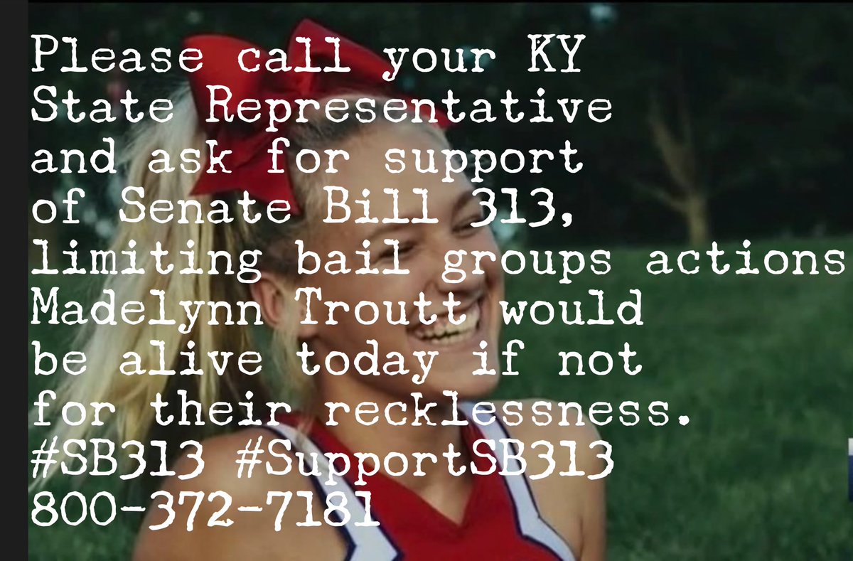 The502Revoluti1's tweet photo. PLS SHARE & RT #KY โ ๏ธPlease call your KY State Representative today & ask for support of Senate Bill 313, limiting bail group actions. Madelynn Troutt would be alive if not for their recklessness.
#SB313 #SupportSB313
800-372-7181 โ ๏ธ @DwightWitten @KyGrifter @ky_statesman https://t.co/qW2pclmepp