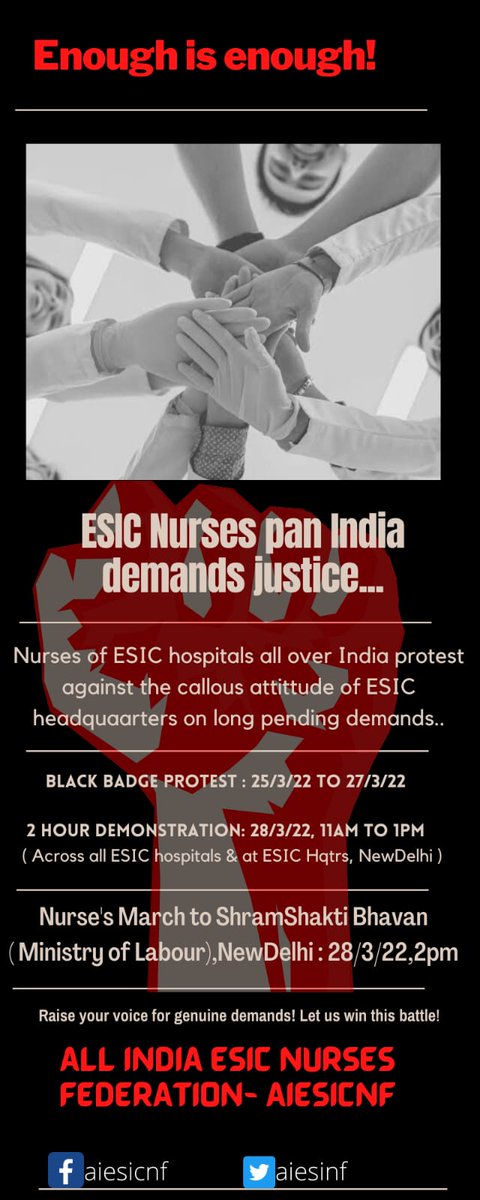 aiesicnf's tweet photo. #EnoughIsEnough 
#WellSetforAction
#NursesNeedJustice
#blackbadgeprotest 
#2HoursDemonstrationAtESICHqrsOfficeNewDelhi
#MarchToLabourMinistry
#MassCL
#IndefiniteStrike 

Shri @byadavbjp ji
Shri @Rameswar_Teli ji
@LabourMinistry 
@esichq https://t.co/g0ivJxPctE