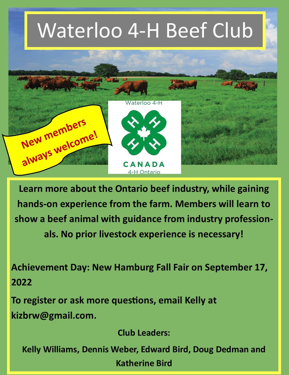 Waterloo 4-H Beef Club is starting up for 2022! Please DM me to sign up or to ask more questions. We are always looking for new members!First meeting is April 13 at 7:30pm.
<a href="/Waterloo4H/">Waterloo 4-H</a>