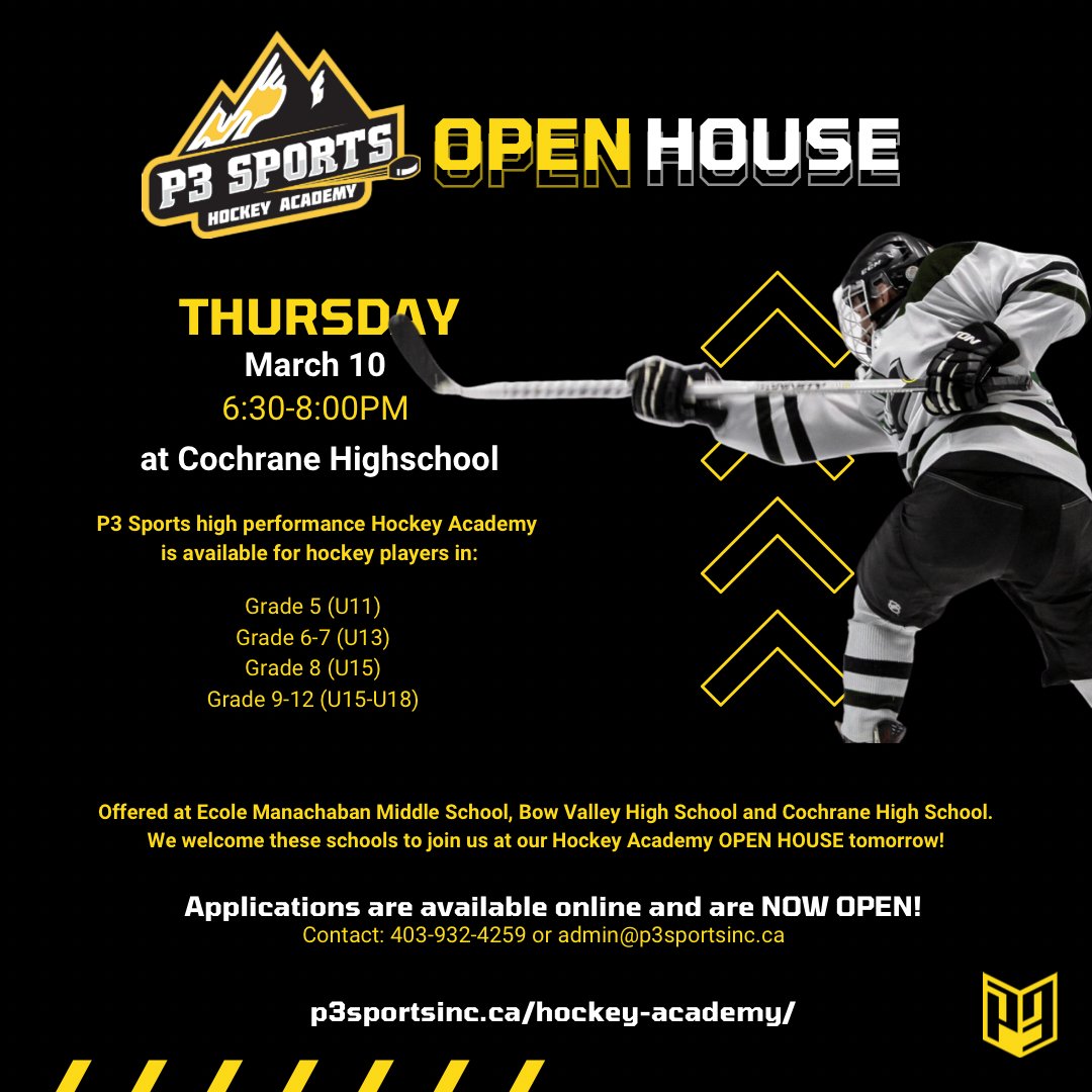 P3Sports_'s tweet photo. REMINDER 🔔 l The P3 Sports high performance Hockey Academy Open House is TOMORROW from 6:30-8:00pm at Cochrane High School!  🏒📚

MORE DETAILS ➡️ https://t.co/6XjiZAiU0k

#P3Sports | https://t.co/STFL2i4JhS

#hockeyyyc #albertahockey #hockeydevelopment #openhouse #hockey https://t.co/xoMxhpZBdl