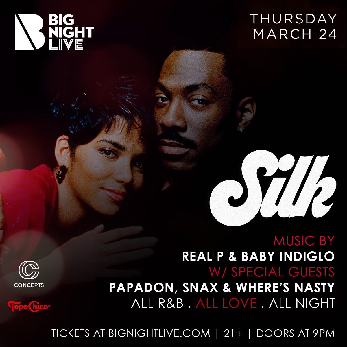Don’t miss the next “SILK” All R&amp;B Party 3/24 at <a href="/bignightlive/">Big Night Live</a> w/ vibes by <a href="/DJRealPFN/">P🌍LitiK💤</a> <a href="/gimmesnax/">snax keeble</a> <a href="/DJPapadon/">DJ Papadon</a> <a href="/wheresnasty/">Jay (Nasty)</a> #BabyIndiglo 
All R&amp;B . All Love . All Night