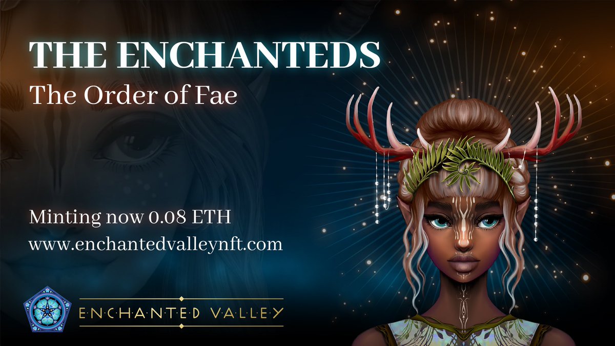 #GetEnchanted

2200 magical NFTs 🧚
0.08 ETH✨ 

🌸Fully doxxed, global team w/Women, BIPOC &amp; LGBTQIA+ creatives + techies
🌸 Creating a fantasy world w/ diverse PFPs, culturally relevant folktales &amp; epic mystical music
🌸 Coming soon: cute companions &amp; enchanted offsprings