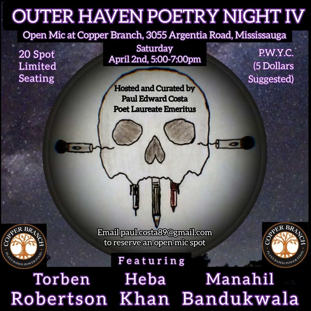 paul_e_costa's tweet photo. LIVE POETRY and an open mic in Mississauga! 🎙😎

FB Event: https://t.co/8mSiPUSBYL

Featuring:
@manahilbanduk
Heba Khan 
@TorbenRobertson

Email paul.costa89@gmail.com to register for the open mic

#copperbranch #openmic #poetry #poetryreading #livepoetry #spokenword https://t.co/FSHlvP7JMV
