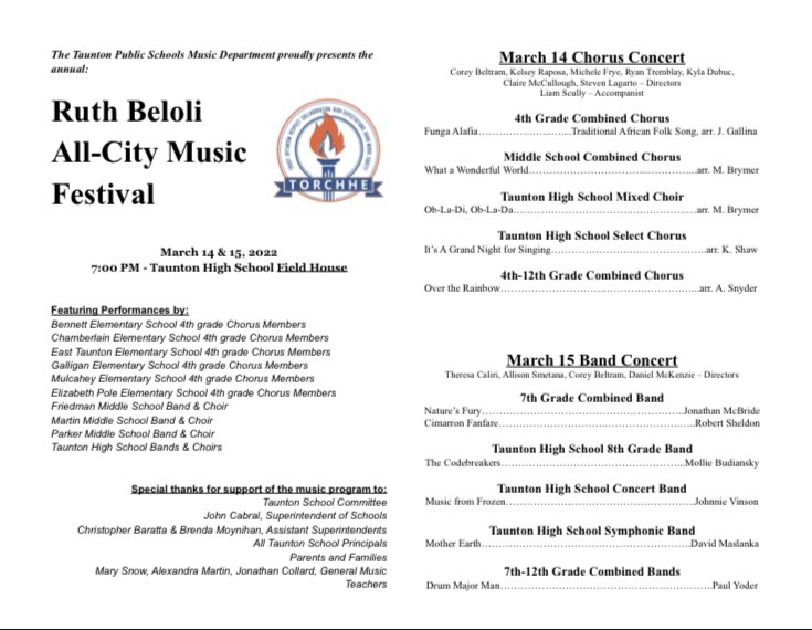 March 2022 marks the 37th Music In Our Schools Month sponsored by the National Association for Music Education (NAfME). The Taunton Public Schools Performing Arts Department will host our own annual "Ruth Beloli All-City Music Festival" on 3/14 and 3/15, 7:00pm. <a href="/Taunton_Schools/">Taunton Public Schools</a>