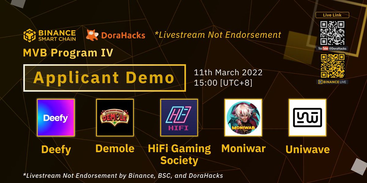DoraHacks's tweet image. It's this Friday! @BNBCHAIN MVB Program Applicant Demo EP06 will go live on💁🏻March 11th, 3PM UTC+8

😻Welcome, @deefyfinance @HiFiDeFi @Uniwave_app
@moniwar_game @demoleio1

💫YouTube: youtu.be/RSLz-VmBYpE
💫Binance Live: binance.com/en/live/video?…
