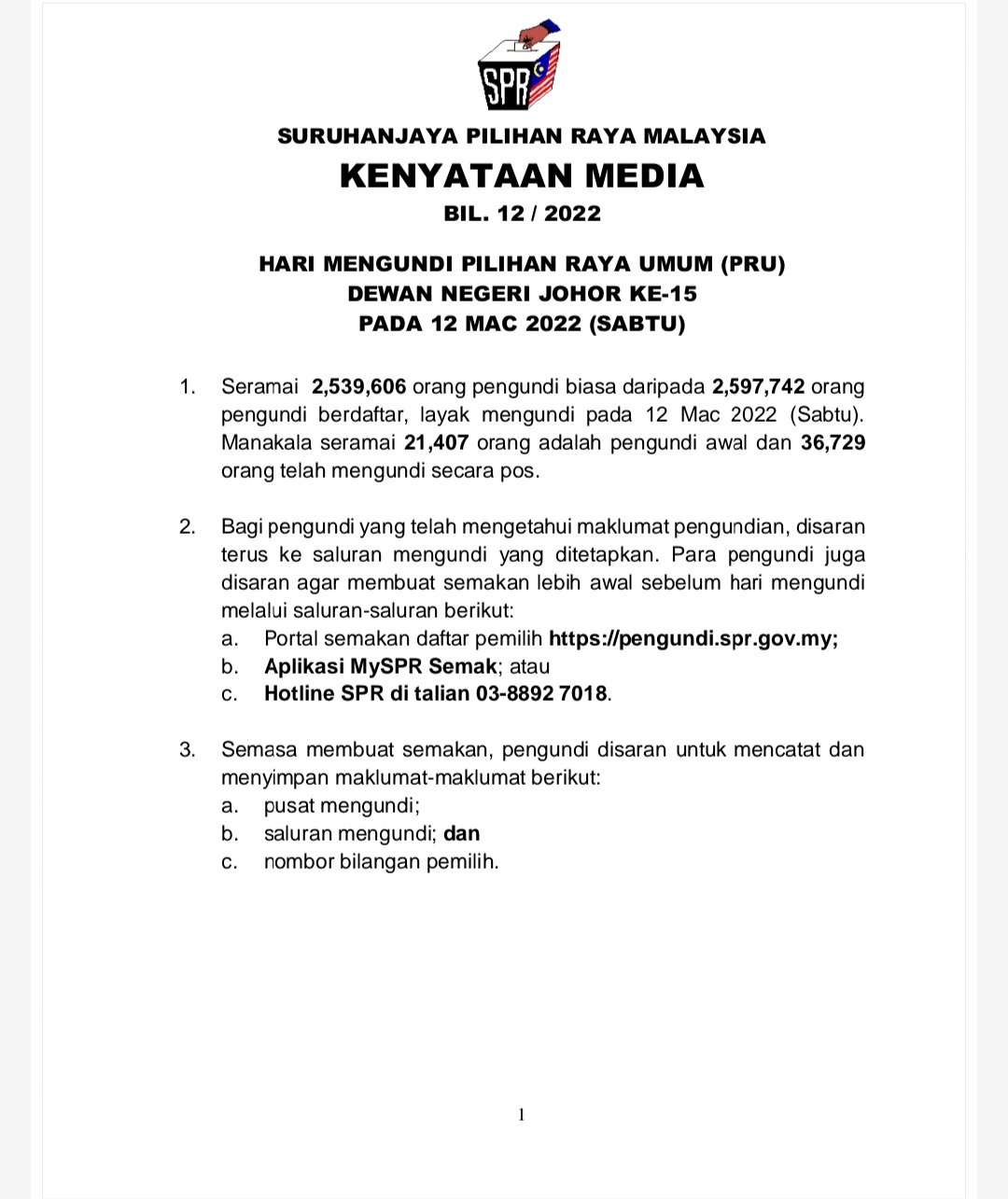 Suruhanjaya Pilihan Raya Malaysia on Twitter "[ KENYATAAN MEDIA ] HARI