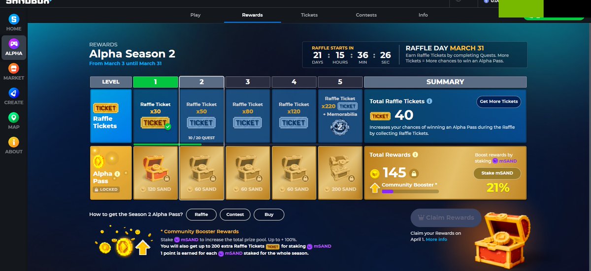 JuneWhittle4's tweet photo. @TheSandboxGame I just participated in the daily #SandboxAlphaS2Contest for a chance to earn up to 1,000 $SAND! Starting March 9 -  Show your Raffle Tickets. Check out my screenshot below! 👇 #SandboxAlphaS2 https://t.co/ODFFRjhn1j