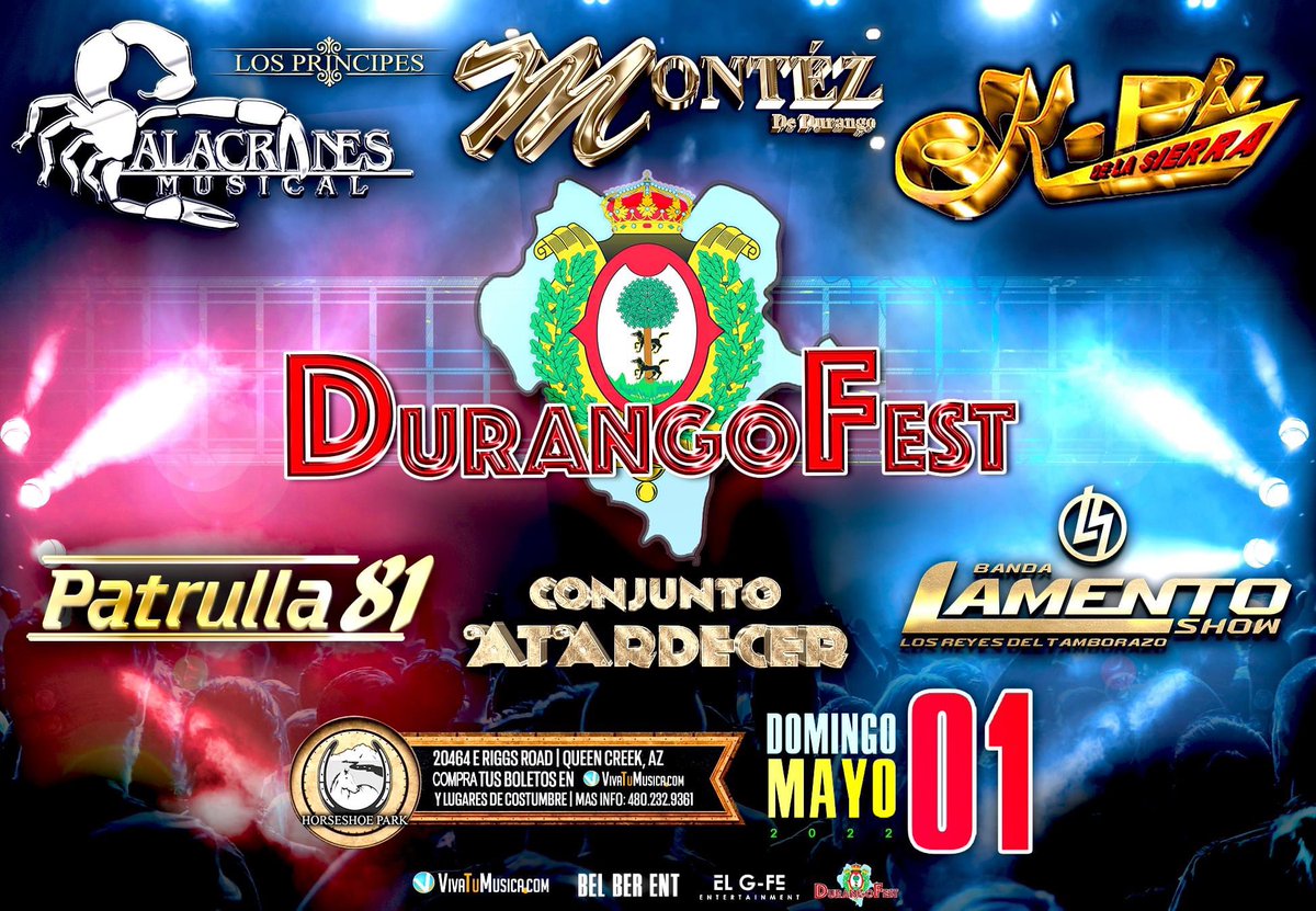 📣¡Queen Creek, AZ llega Durango Fest al Horseshoe Park con Alacranes Musical, Montez de Durango, K-Paz de la Sierra, Patrulla 81, Conjunto Atardecer y Lamento Show!🔥
🗓Domingo, 1ro de Mayo
Boletos 🎟➡️ bit.ly/35LNhgb 
#durangofest #horseshoepark