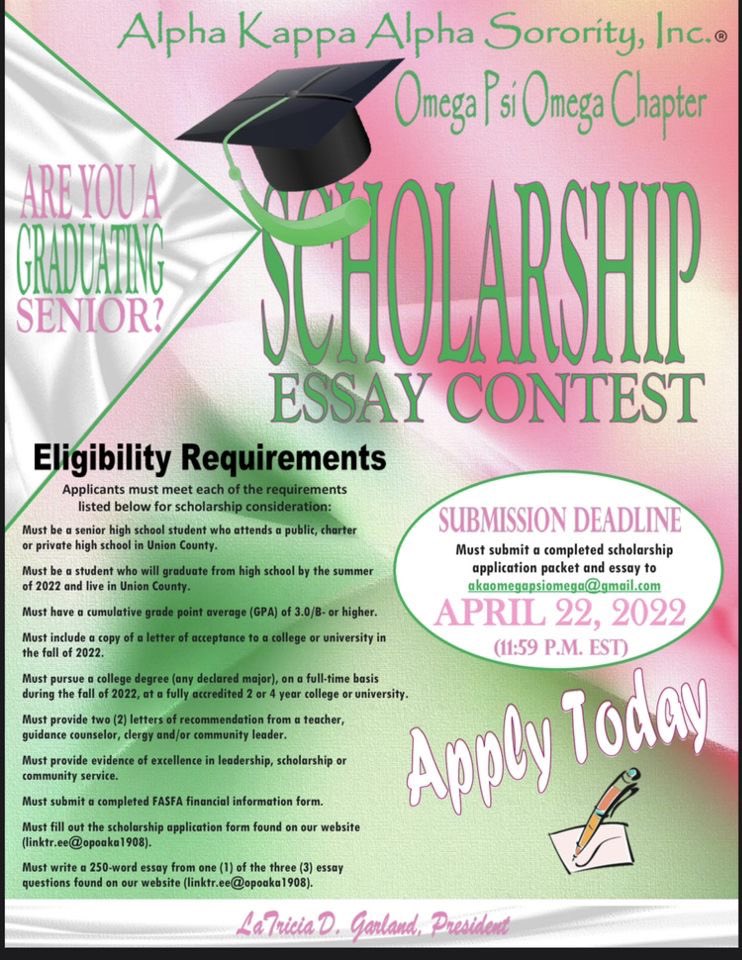 omegapsiomega08's tweet photo. 🎓📝Graduating high school seniors: Omega Psi Omega Chapter of @akasorority1908 is offering two (2) $2,000 scholarships and one (1) $1,000 scholarship to the winners of our essay ✍🏽 contest. Visit https://t.co/ub1GVEab9G for your chance to win! 🏆
#OmegaPsiOmega #elizabethnjakas https://t.co/YuNVJVfZw3