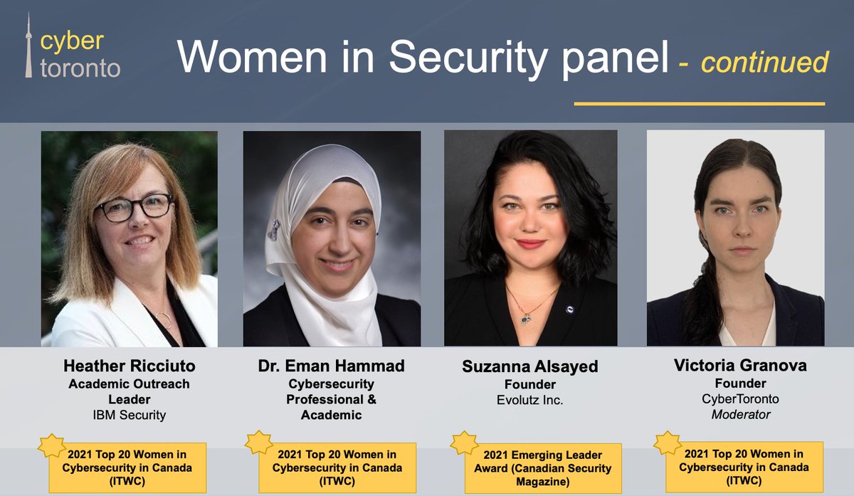Catch us on Linkedin later this week for an on-demand continuation of our women in security panel! 
Ft. some of the most impressive award-winning women in Canadian security with <a href="/HeatherRicciuto/">Heather Ricciuto</a> , Eman Hammad, Suzanna Alsayed and <a href="/VictoriaGranova/">Victoria Granova</a>  🏆 linkedin.com/company/cybert…